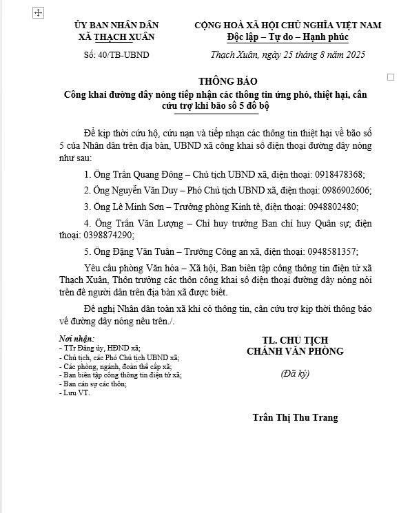 Thông báo công khai đường dây nóng tiếp nhận các thông tin ứng phó, thiệt hại cần cứu trợ khi bão số 5 đổ bộ