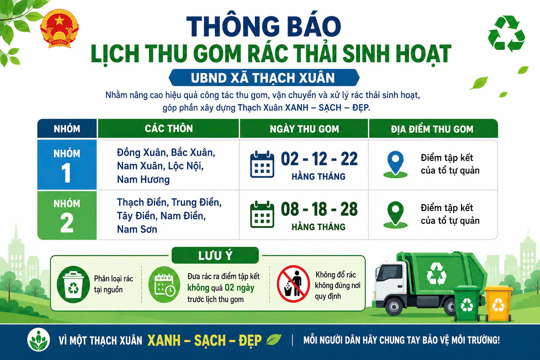 Thạch Xuân thông báo lịch thu gom rác thải từ tháng 8 năm 2026 