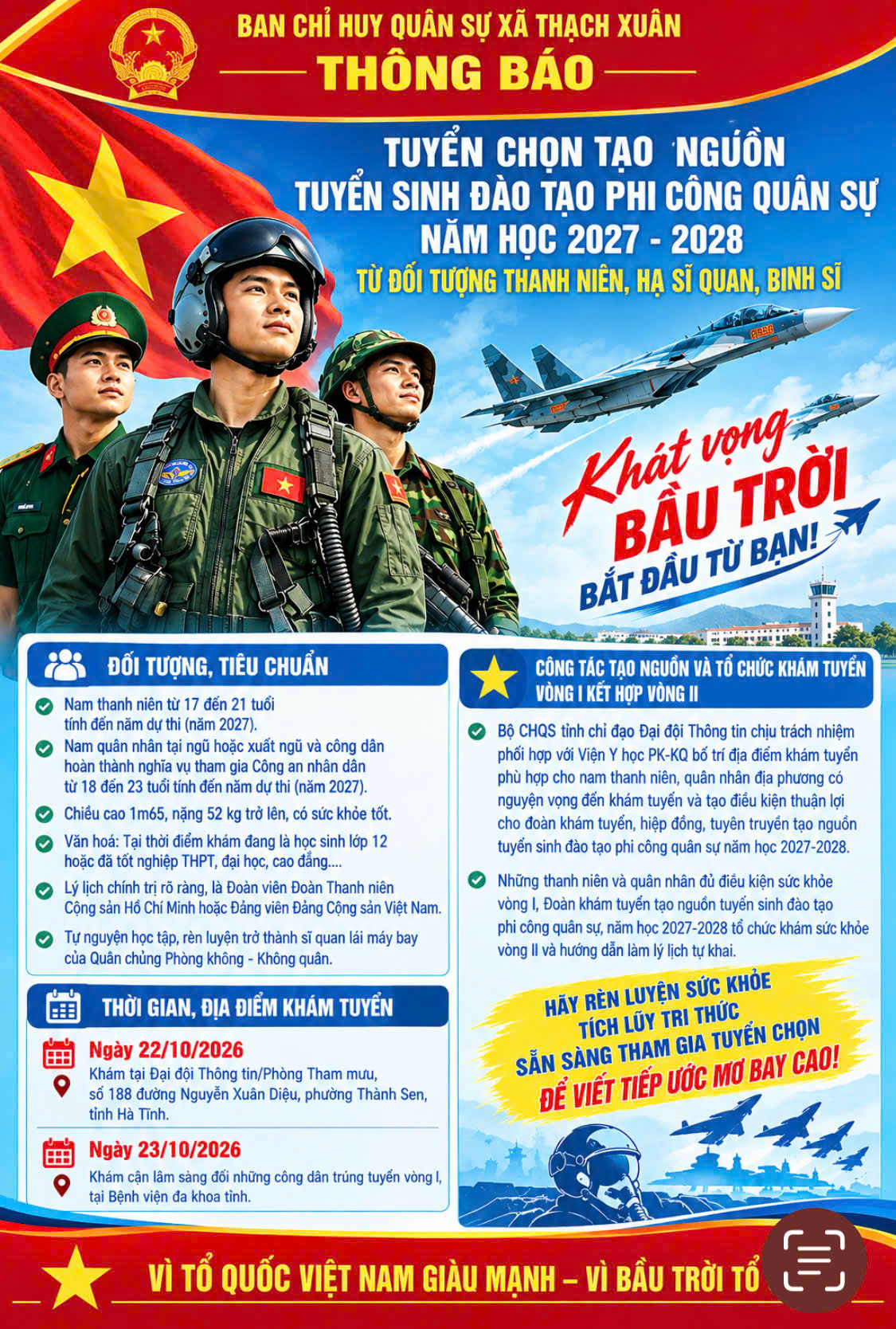 Công văn V/v tuyển chọn tạo nguồn tuyển sinh đào tạo phi công quân sự năm học 2027-2028 từ đối tượng thanh niên, hạ sĩ quan, binh sĩ
