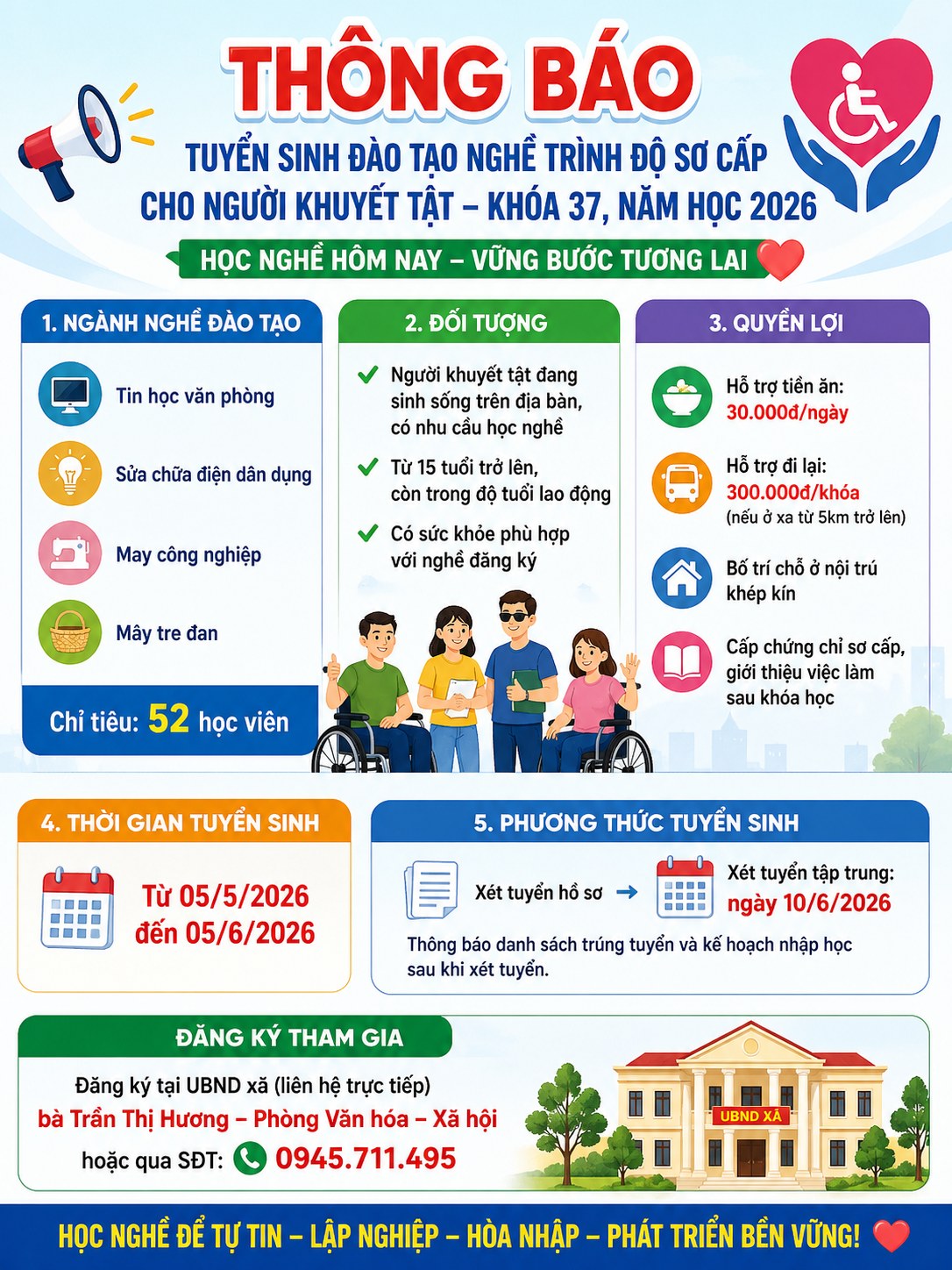 Thông báo tuyển sinh đào tạo nghề trình độ sơ cấp cho người khuyết tật – Khóa 37, năm học 2026