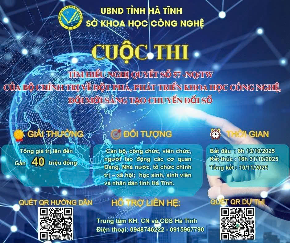 Về việc hưởng ứng tham gia Cuộc thi trực tuyến “Tìm hiểu Nghị quyết số 57-NQ/TW của Bộ Chính trị về đột phá phát triển khoa học, công nghệ, đổi mới sáng tạo và chuyển đổi số quốc gia” trên địa bàn tỉnh Hà Tĩnh 