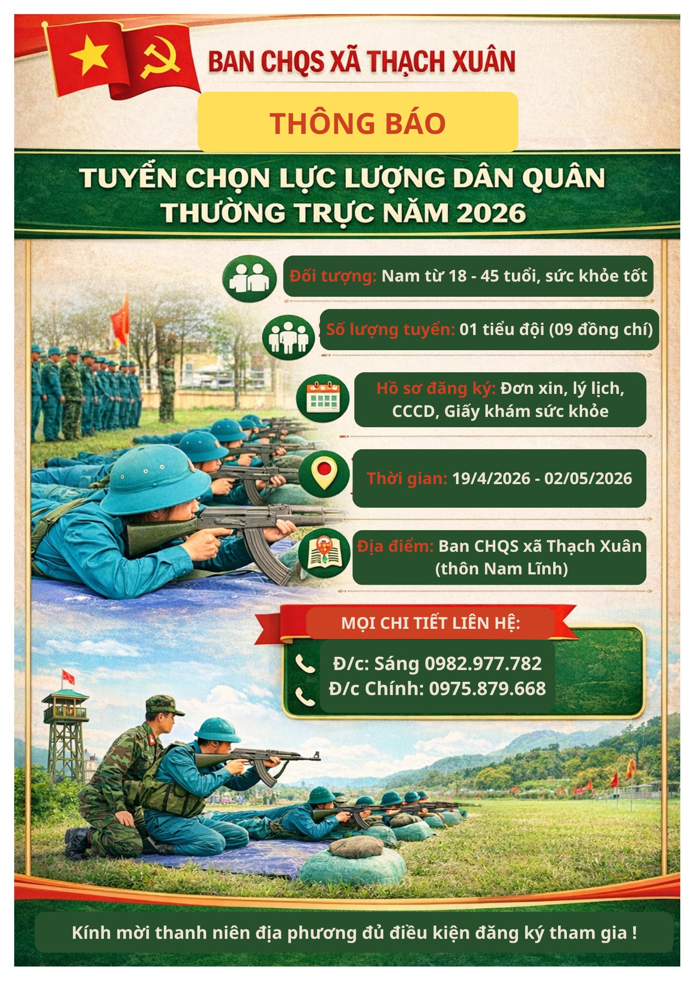 Thông báo tuyển chọn lực lượng dân quân thường trực năm 2026 